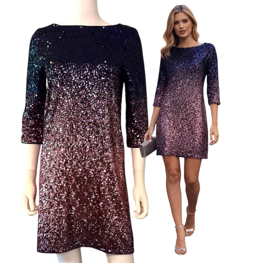 Maia Sequin Ombre Shift Mini Dress Size 4 Navy Blue Pink Party Cocktail Glam